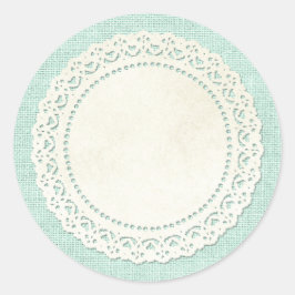 Rustic Country Lace Doily on Aqua Blue Burlap Ronde Sticker