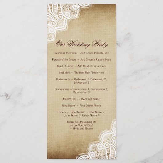 Rustic Country Lace Edge Vertical Wedding Programm Programmakaart (Achterkant)