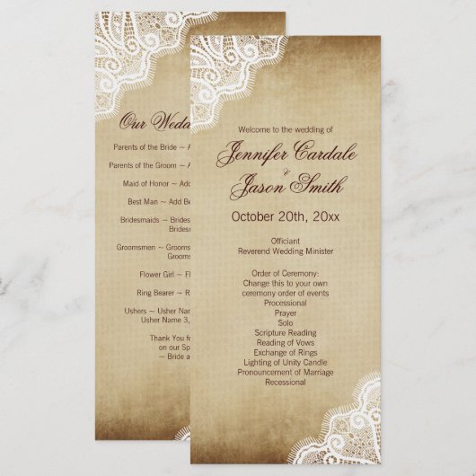 Rustic Country Lace Edge Vertical Wedding Programm Programmakaart (Voorkant / Achterkant)