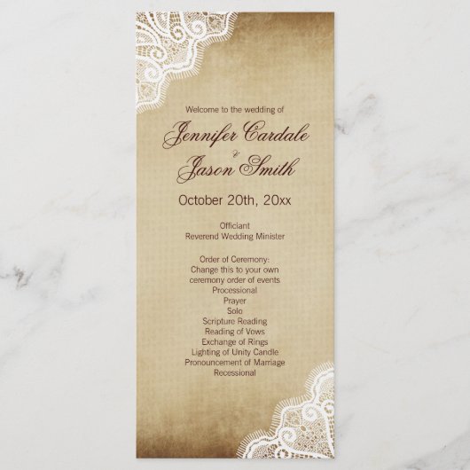 Rustic Country Lace Edge Vertical Wedding Programm Programmakaart (Voorkant)
