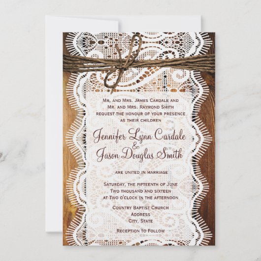 Rustic Country Lace Twine Wood Wedding Invites Kaart (Voorkant)