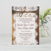 Rustic Country Lace Twine Wood Wedding Invites Kaart (Staand voorkant)