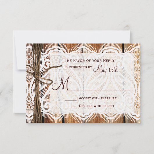Rustic Country Lace Twine Wood Wedding RSVP (Voorkant)