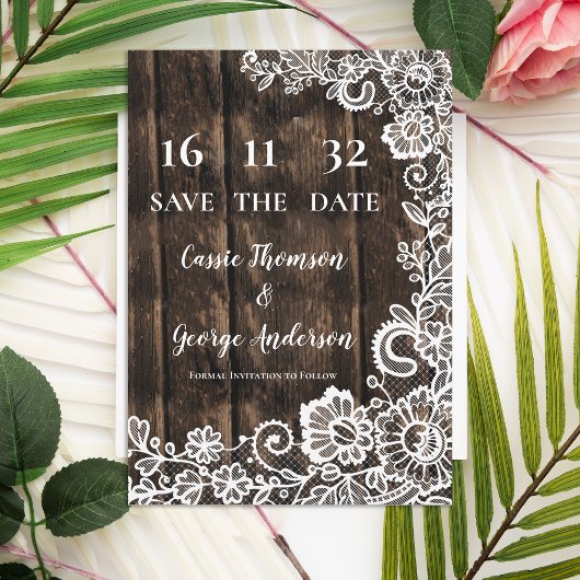 Rustic Country Lace Wood Wedding Save the Date