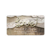 Rustic Country Love Rope Burlap Lace Wood Wedding Etiket (Voorkant)