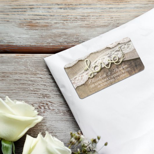 Rustic Country Love Rope Burlap Lace Wood Wedding Etiket