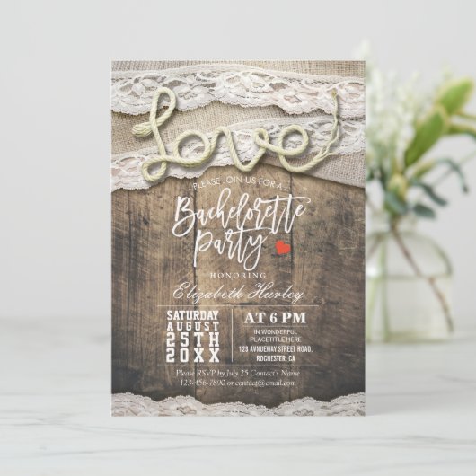 Rustic Country Love Rope Lace Bachelorette Party Kaart (Staand voorkant)
