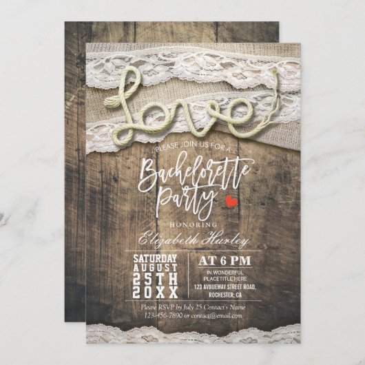 Rustic Country Love Rope Lace Bachelorette Party Kaart (Voorkant / Achterkant)