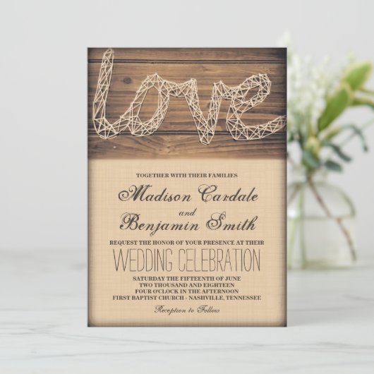 Rustic Country Love String Art Wedding Invitations Kaart (Staand voorkant)