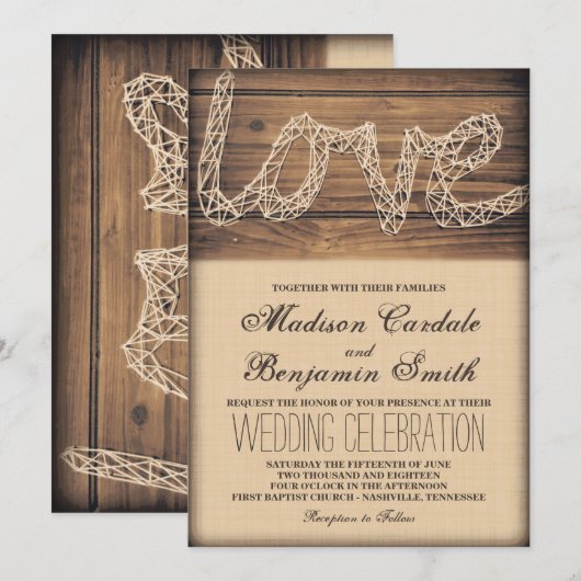Rustic Country Love String Art Wedding Invitations Kaart (Voorkant / Achterkant)