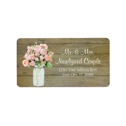 Rustic Country Mason Jar Blush Pink Roses Bouquet Etiket (Voorkant)