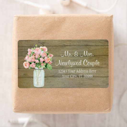 Rustic Country Mason Jar Blush Pink Roses Bouquet Etiket (Insitu)