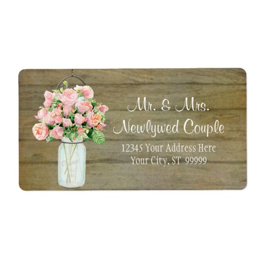 Rustic Country Mason Jar Blush Pink Roses Bouquet Etiket (Voorkant)
