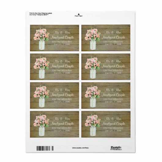 Rustic Country Mason Jar Blush Pink Roses Bouquet Etiket (Full Sheet)