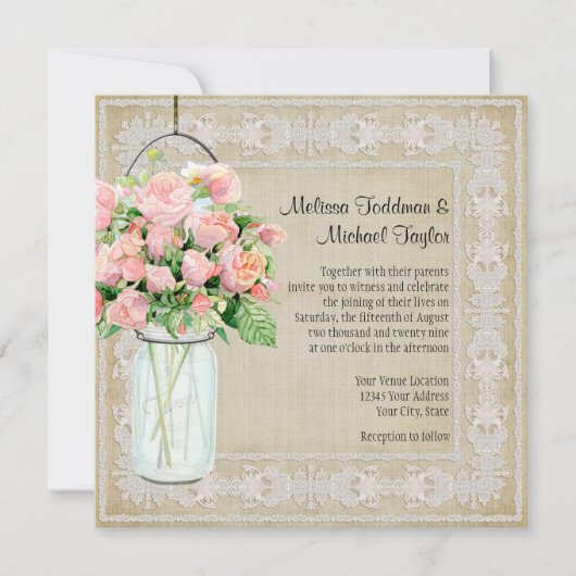 Rustic Country Mason Jar Blush Pink Roses Bouquet Kaart (Voorkant)