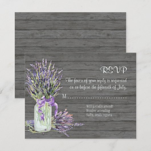Rustic Country Mason Jar Lace in Lavender Floral RSVP Kaartje (Voorkant / Achterkant)