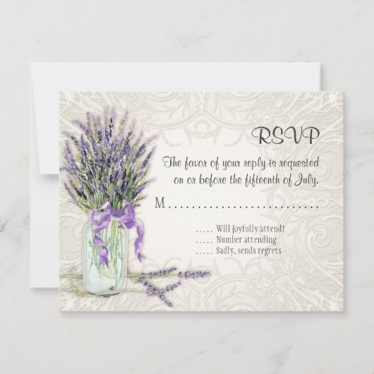 Rustic Country Mason Jar Lace in Lavender Floral RSVP Kaartje (Voorkant)