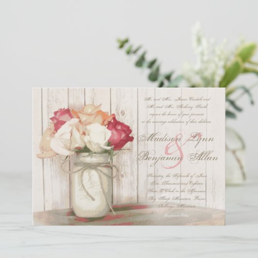 Rustic Country Mason Jar Rozen Wedding Invitations Kaart (Staand voorkant)