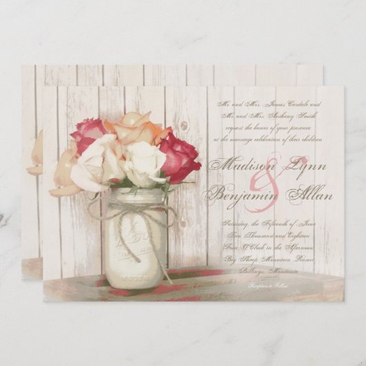 Rustic Country Mason Jar Rozen Wedding Invitations Kaart (Voorkant / Achterkant)