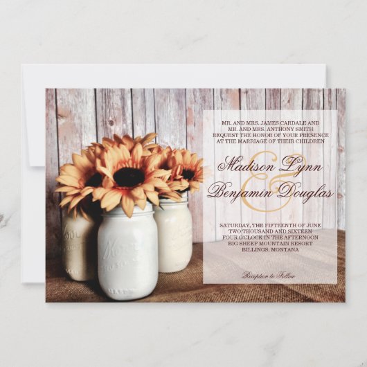 Rustic Country Mason Jar Sunflower Wedding Invite Kaart (Voorkant)