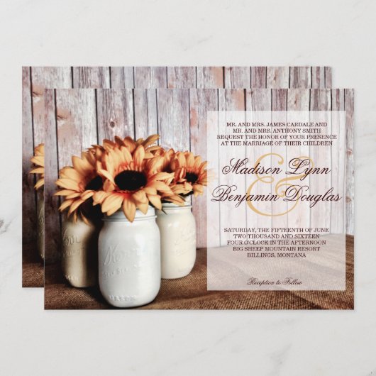 Rustic Country Mason Jar Sunflower Wedding Invite Kaart (Voorkant / Achterkant)