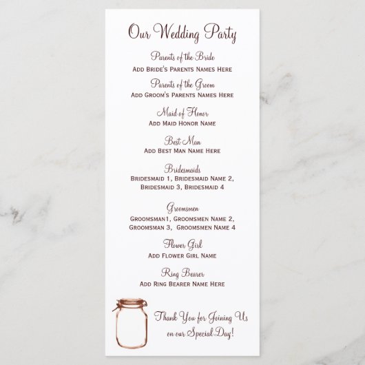 Rustic Country Mason Jar Wedding Programme No Ushe Programmakaart (Achterkant)