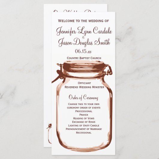 Rustic Country Mason Jar Wedding Programme No Ushe Programmakaart (Voorkant / Achterkant)