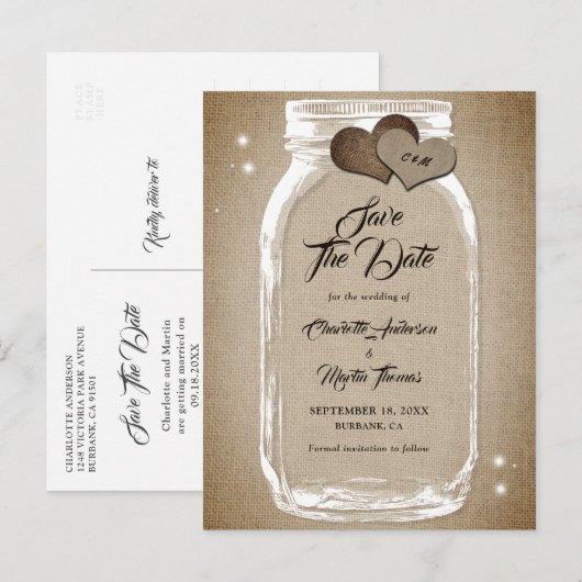 Rustic Country Mason Jar Wedding Save the Date Aankondigingskaart (Voorkant / Achterkant)