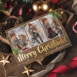 Rustic Country Merry-kerstfoto Folie Feestdagenkaart<br><div class="desc">Landelijke kerstfeestkaart met een rotsachtige houten achtergrond,  een collage van 3 foto's om je te personaliseren,  feestelijke heilige,  een sneeuwdouche,  de woorden "vrolijke kerst" in een kalligrafie,  echt gouden foliespect,  je familienaam en het jaar.</div>