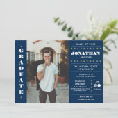 Rustic Country Navy Blue Gold Photo Afstuderen Kaart (Staand voorkant)