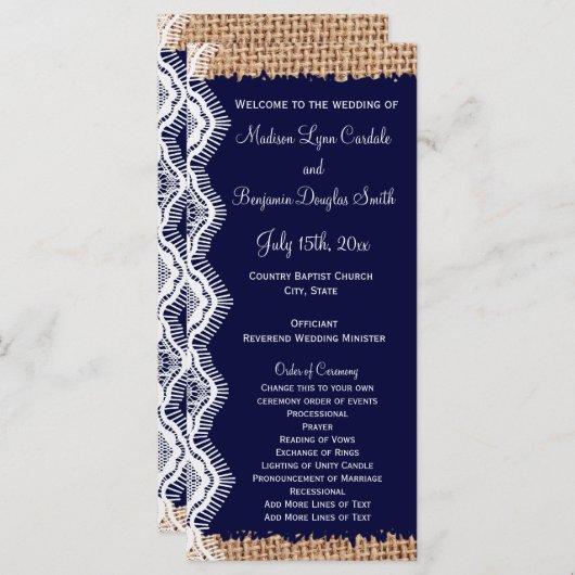 Rustic Country Navy Burlap Print Wedding Programma Programmakaart (Voorkant / Achterkant)