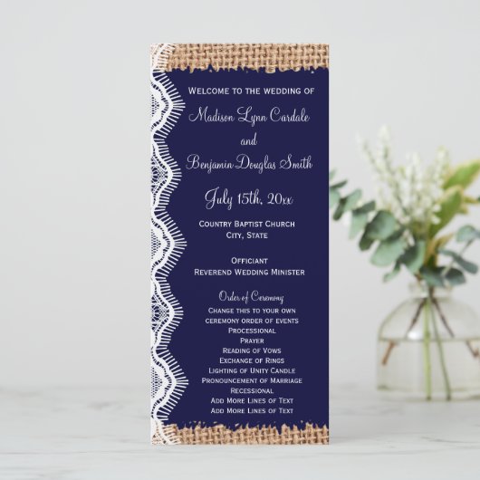 Rustic Country Navy Burlap Print Wedding Programma Programmakaart (Staand voorkant)