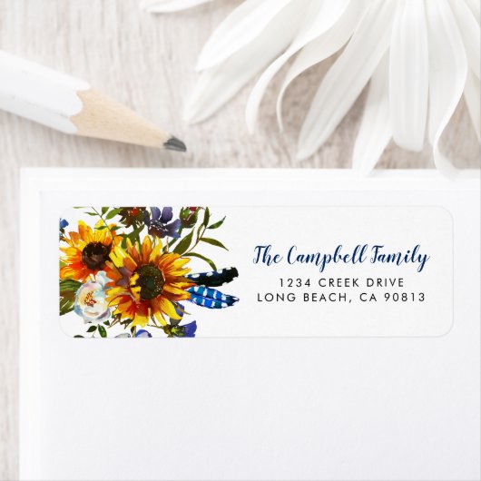 Rustic Country Navy Sunflower Boho Etiket (Insitu)