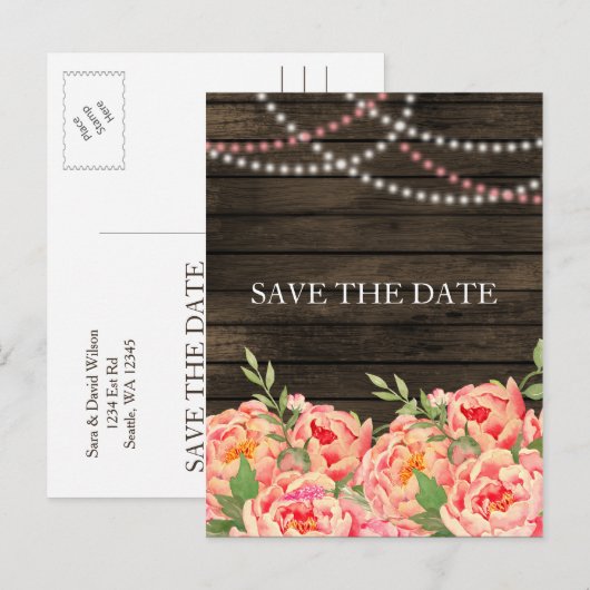 Rustic Country Peony Barn Wood Wedding Aankondigingskaart (Voorkant / Achterkant)