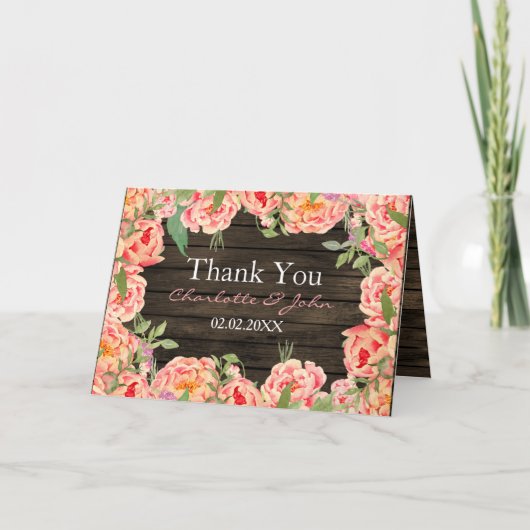 Rustic Country Peony Barn Wood Wedding Bedankkaart (Voorkant)