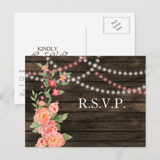 Rustic Country Peony Barn Wood Wedding Briefkaart (Voorkant / Achterkant)