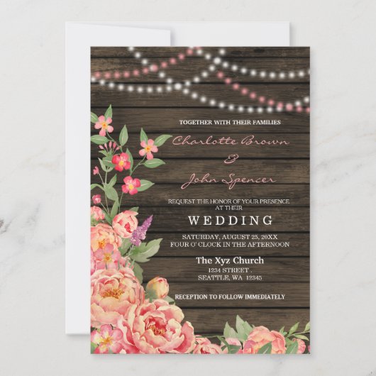 Rustic Country Peony Barn Wood Wedding Kaart (Voorkant)