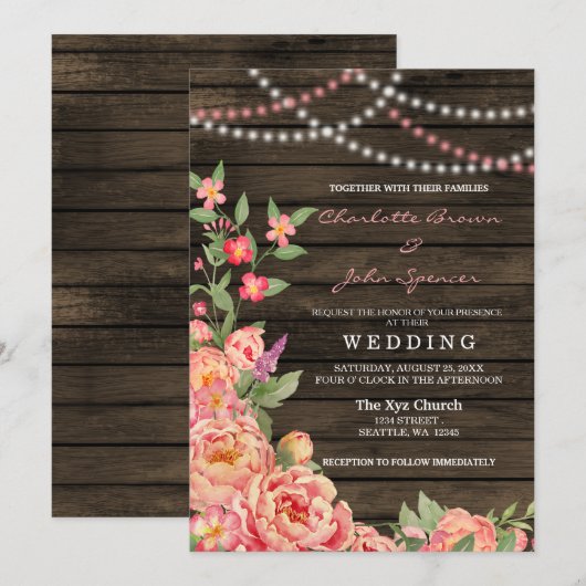Rustic Country Peony Barn Wood Wedding Kaart (Voorkant / Achterkant)
