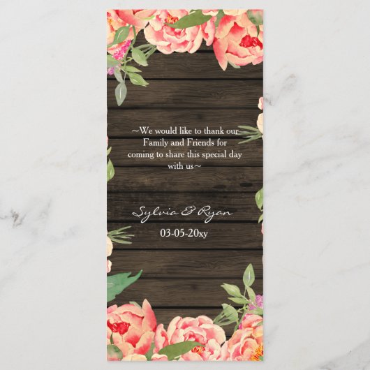 Rustic Country Peony Barn Wood Wedding Menu (Achterkant)