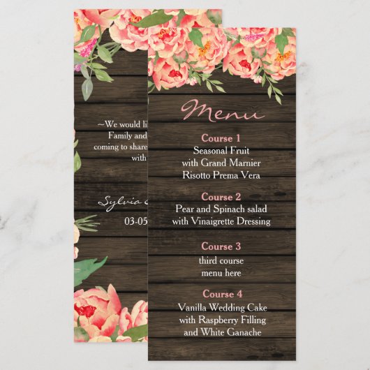 Rustic Country Peony Barn Wood Wedding Menu (Voorkant / Achterkant)