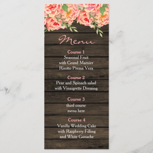 Rustic Country Peony Barn Wood Wedding Menu (Voorkant)