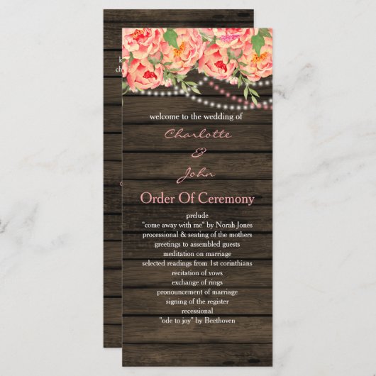 Rustic Country Peony Barn Wood Wedding Programmakaart (Voorkant / Achterkant)