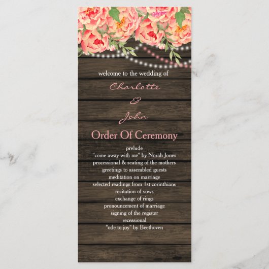 Rustic Country Peony Barn Wood Wedding Programmakaart (Voorkant)