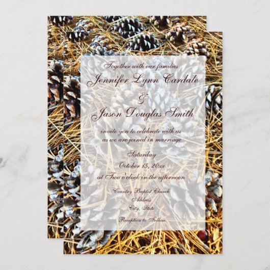 Rustic Country Pine Cones Camo Wedding Invitations Kaart (Voorkant / Achterkant)