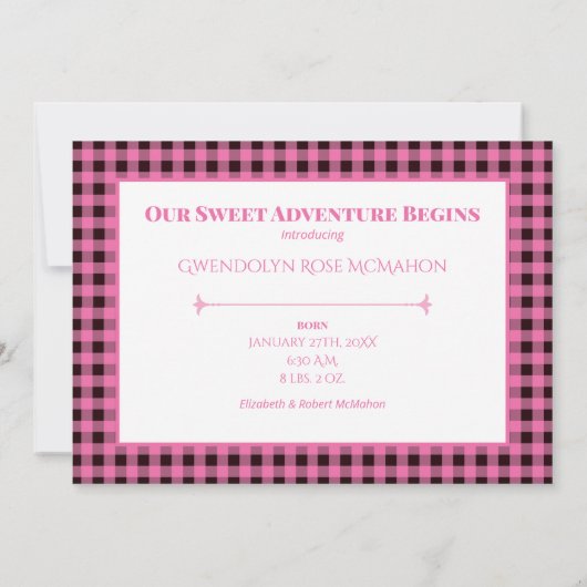 Rustic Country Pink Check Sweet Adventure Baby Aankondiging (Achterkant)