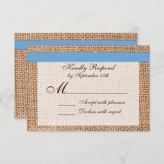 Rustic Country Printed Burlap Blue Ribbon RSVP (Voorkant / Achterkant)