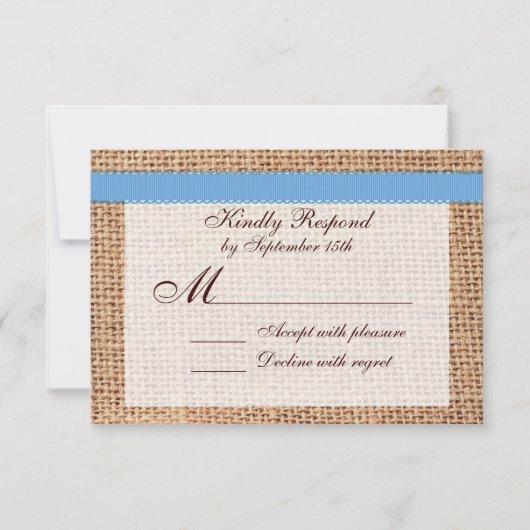 Rustic Country Printed Burlap Blue Ribbon RSVP Kaartje (Voorkant)