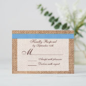 Rustic Country Printed Burlap Blue Ribbon RSVP Kaartje (Staand voorkant)