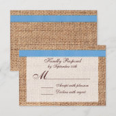 Rustic Country Printed Burlap Blue Ribbon RSVP Kaartje (Voorkant / Achterkant)