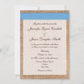 Rustic Country Printed Burlap Blue Ribbon Wedding Kaart (Voorkant)